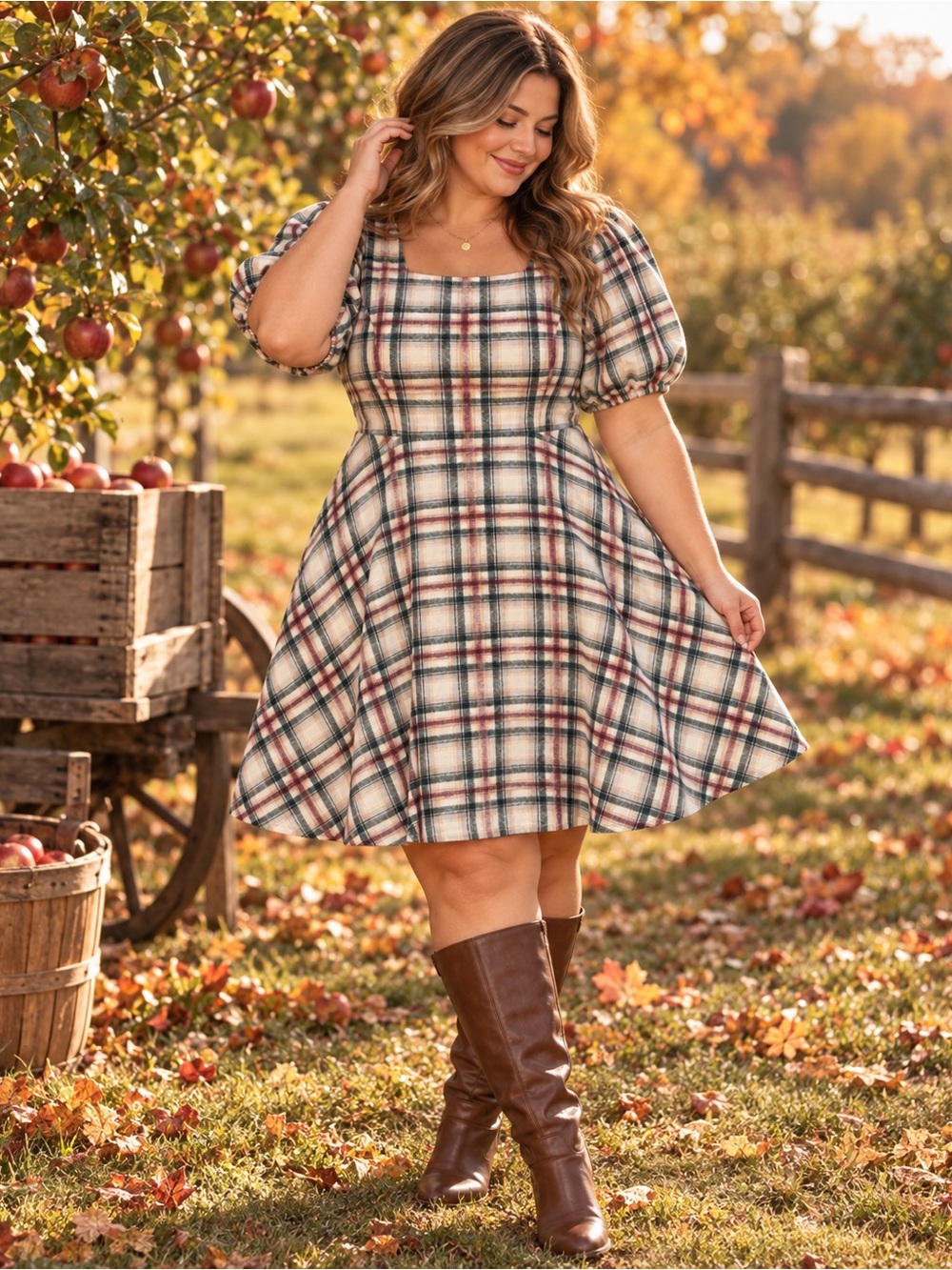 Ivy City Co Molly Plaid Flare Dress 1X Puff Sleeve Wool Blend Holiday modest